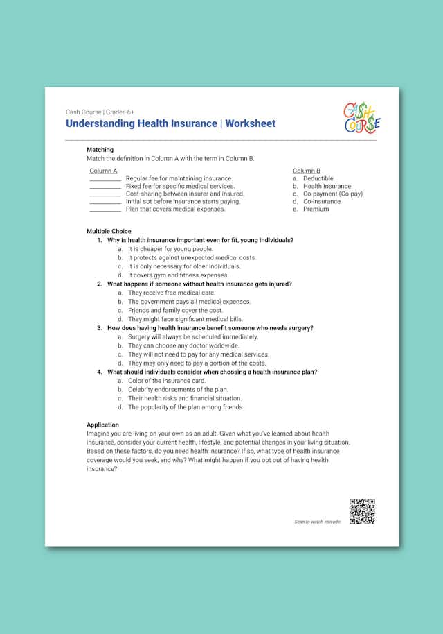 "Cash Course: Understanding Health Insurance" Worksheet