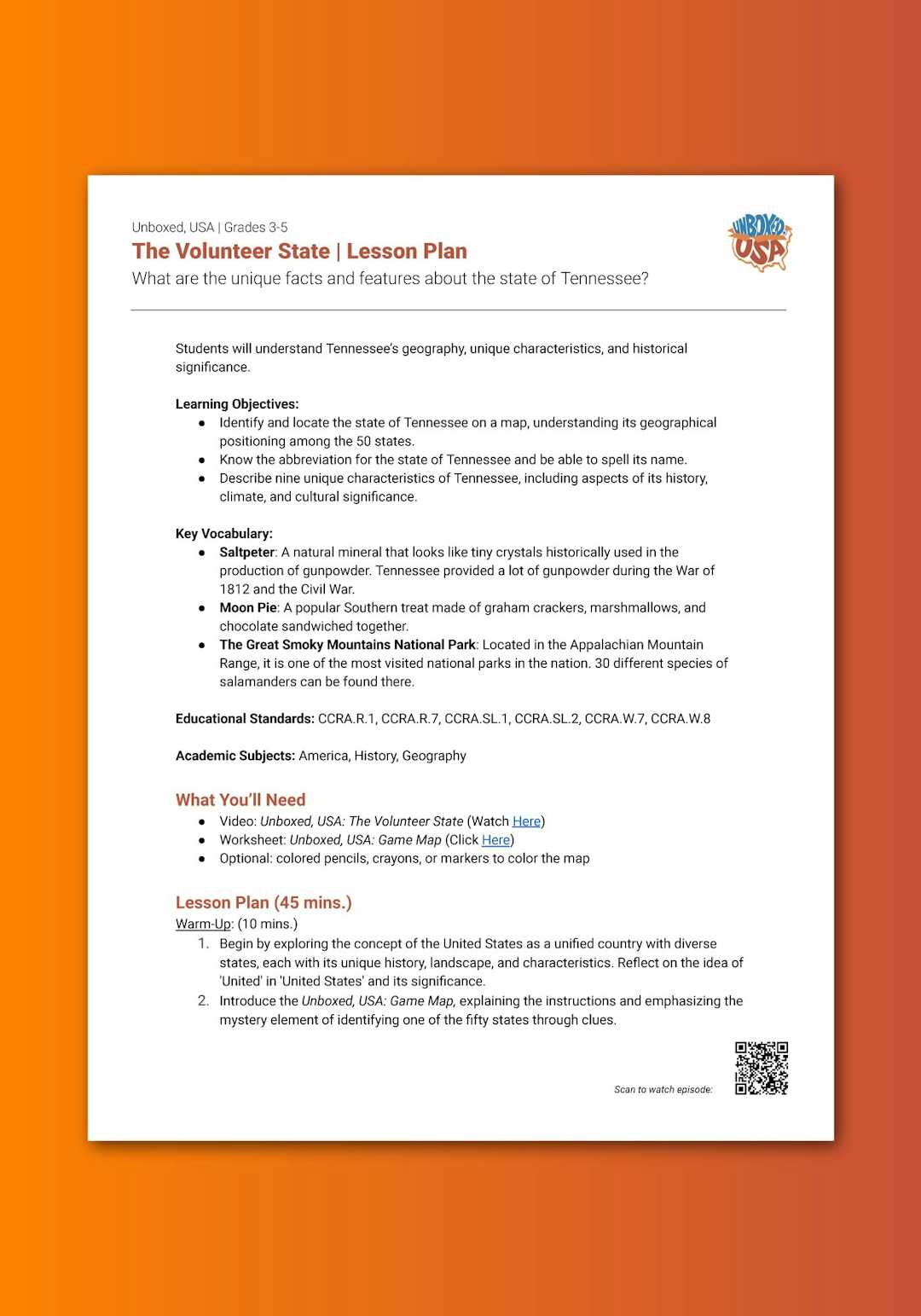 "Unboxed, USA: The Volunteer State" Lesson Plan