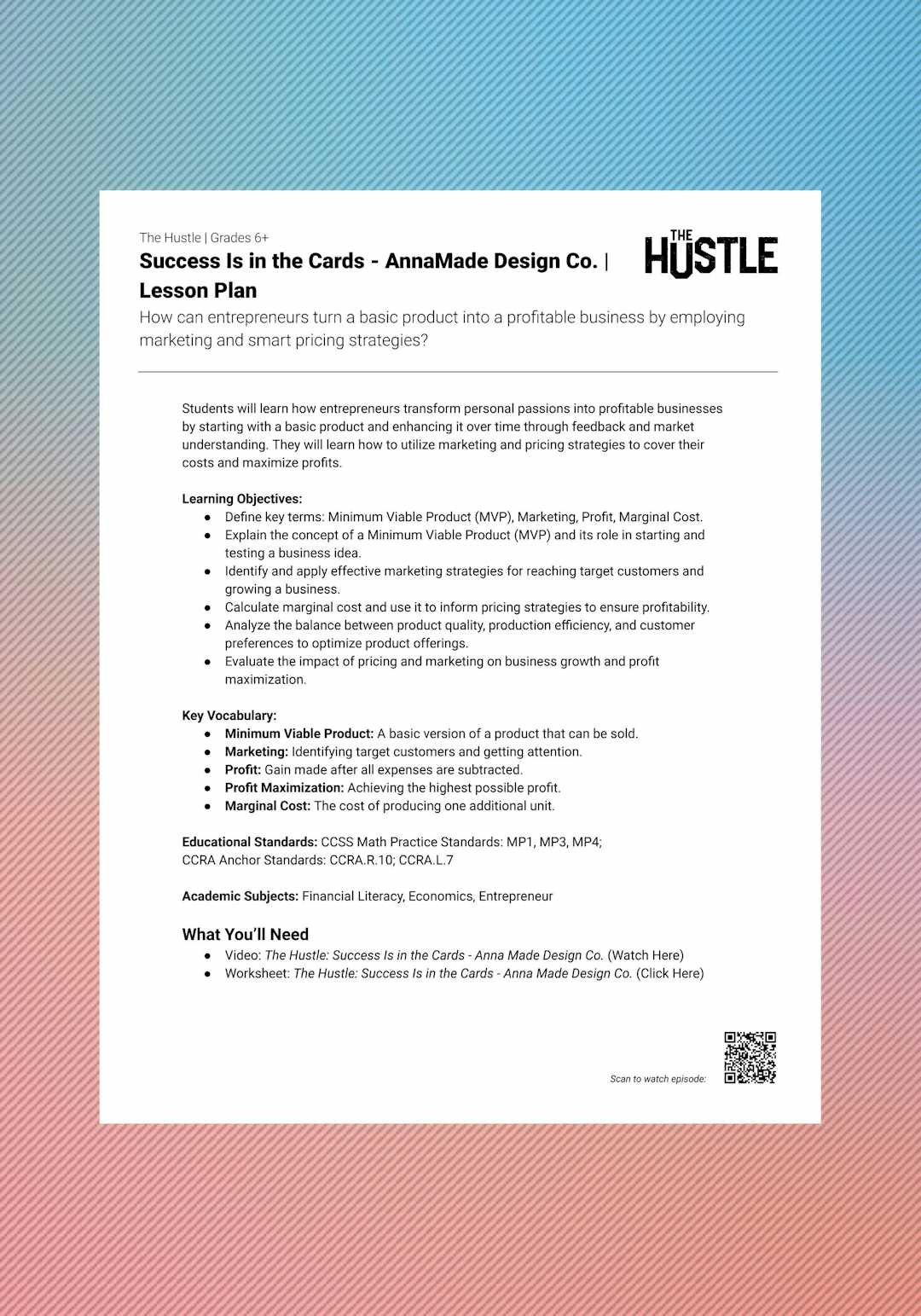 "The Hustle: Success Is in the Cards - AnnaMade Design Co." Lesson Plan