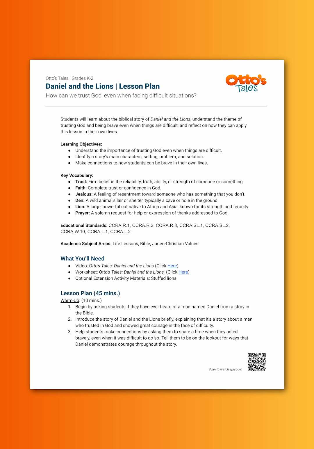 "Otto's Tales: Daniel and the Lions" Lesson Plan