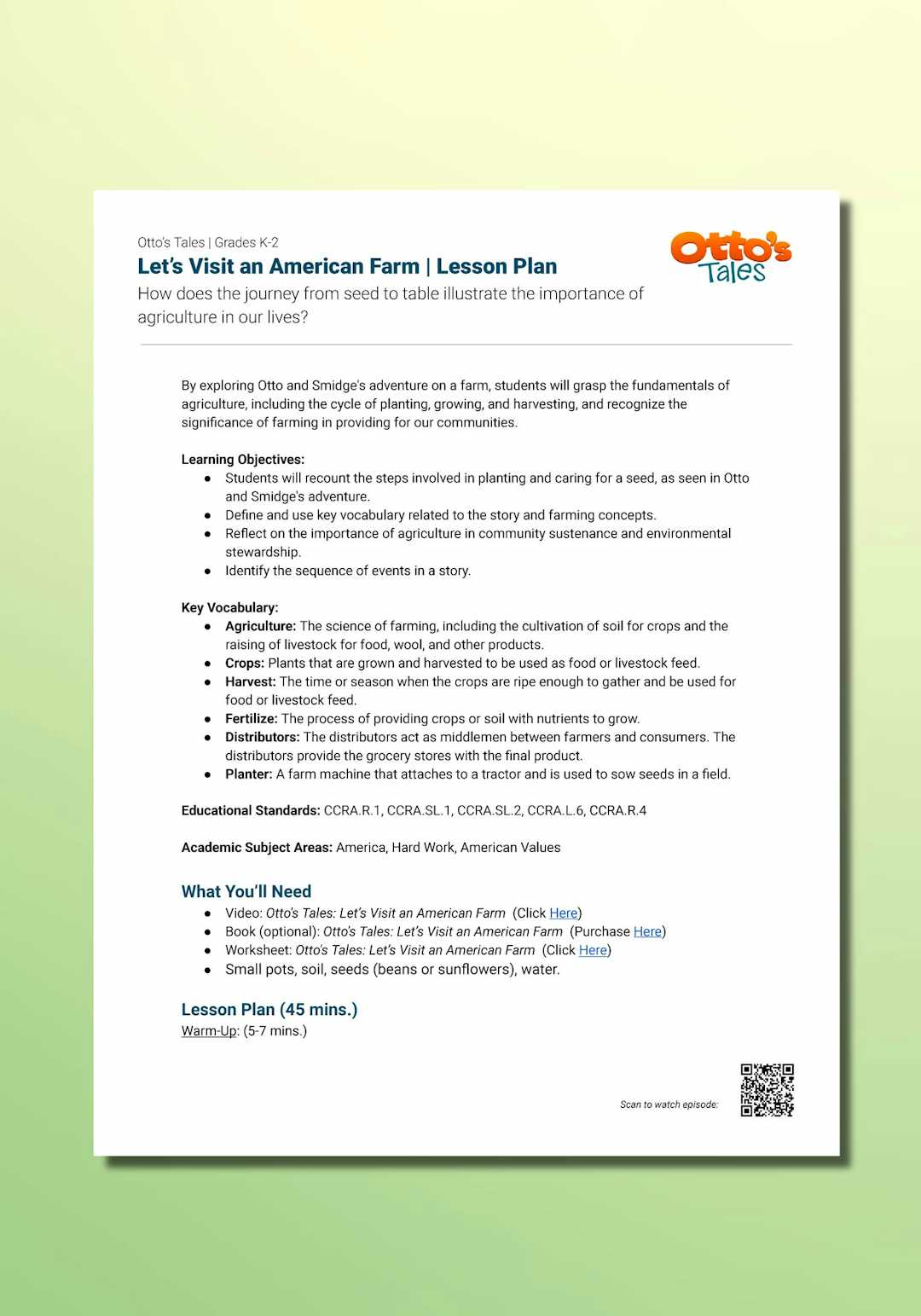 "Otto's Tales: Let's Visit an American Farm" Lesson Plan