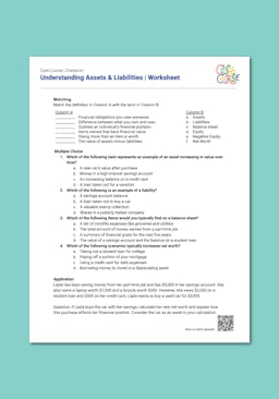 "Cash Course: Understanding Assets and Liabilities" Worksheet