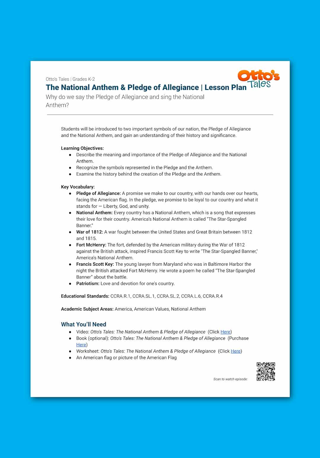 "Otto's Tales: The National Anthem & Pledge of Allegiance" Lesson Plan