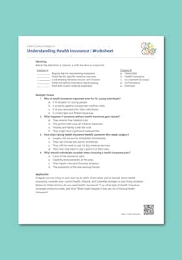 "Cash Course: Understanding Health Insurance" Worksheet