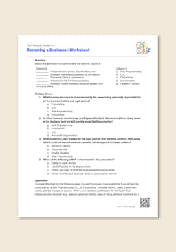 "Cash Course: Becoming a Business" Worksheet