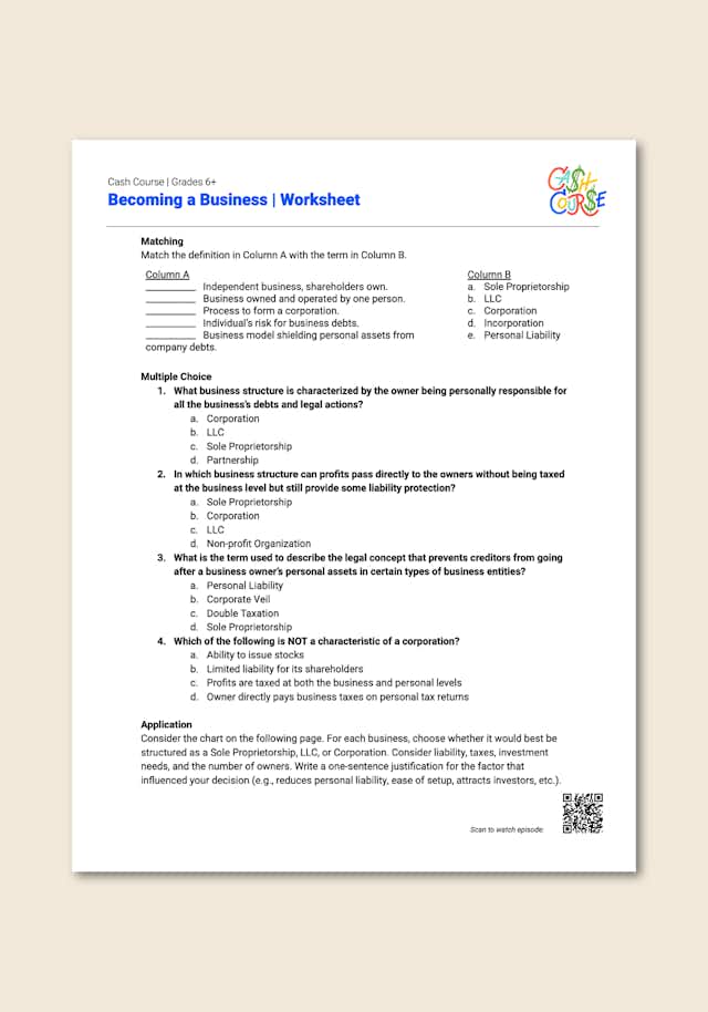 "Cash Course: Becoming a Business" Worksheet