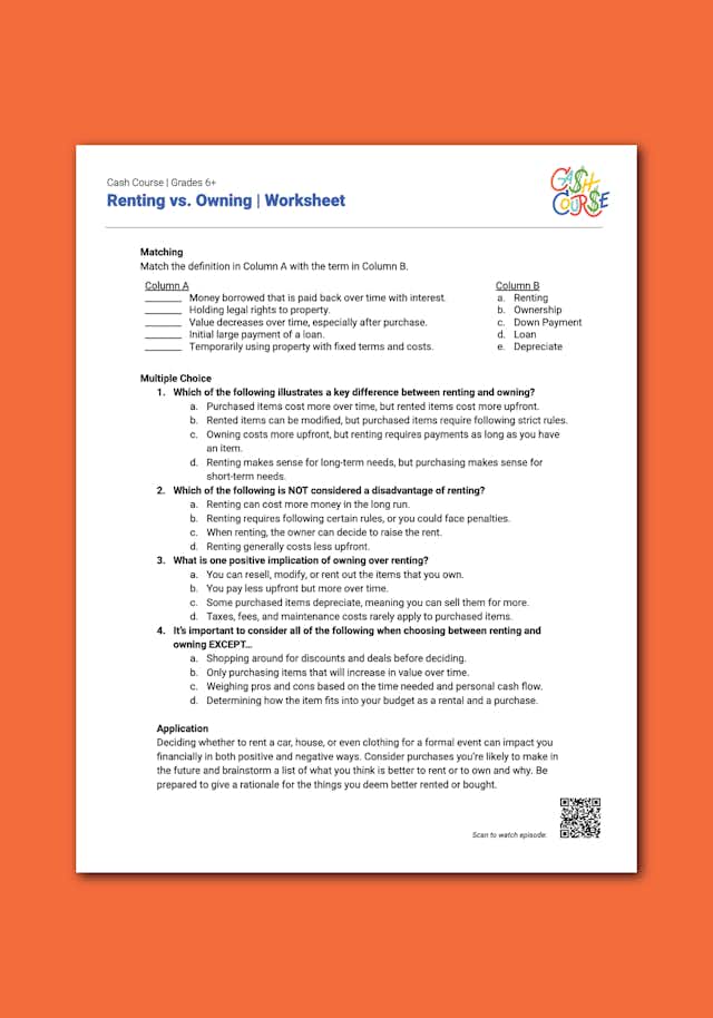"Cash Course: Renting Vs. Owning" Worksheet